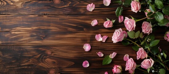 Wall Mural - Top view of a Valentine s Day themed wooden table decorated with pink roses perfect for a copy space image