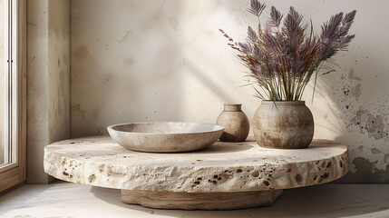 Wall Mural - A rustic stone table with a bowl and two vases, one containing dried flowers, placed near a window with natural light.