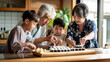 © Катерина Євтехова - a Japanese family preparing sushi together in their kitchen, with the grandparents showing the children how to roll the rice and fish, Families in Japan, Japanese culture, everyday