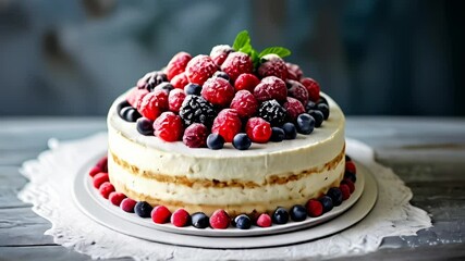 Poster -  Deliciously decorated cake with berries and cream