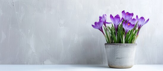 Canvas Print - Purple violet crocuses showcased in a pot against a white backdrop offering ample copy space for a spring themed image with room for textual additions