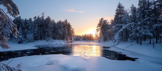 Canvas Print - Beautiful winter landscape featuring a serene frozen river under a sunset surrounded by snowy trees in a forest all under a clear blue sky with ample copy space image