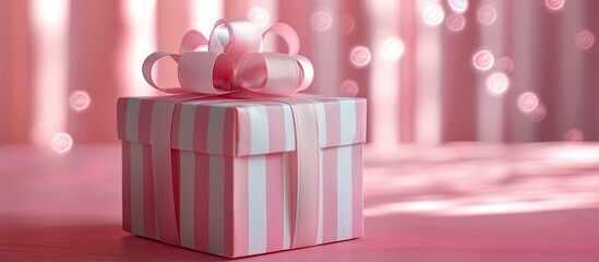 Canvas Print - A pink and white striped gift box adorned with a pink ribbon on a bright backdrop ideal for Mother s Day weddings or Valentine s featuring copy space image