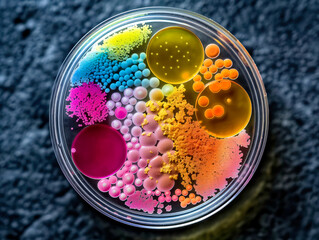 Canvas Print - A colorful, multi-colored, and oddly shaped object is sitting in a glass dish. The dish is filled with a variety of different colored spheres, some of which are larger than others