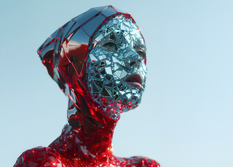 Fashion editorial Concept. Futuristic Woman covered in fragmented shiny glass silver foil diamante pieces mirror. illuminated dynamic composition dramatic lighting. copy text space	
