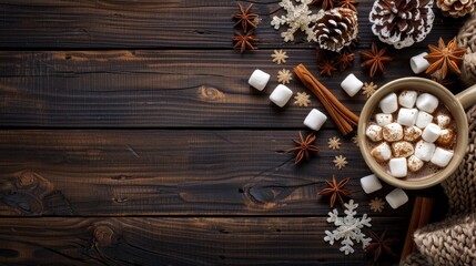 Wall Mural - Hot chocolate with mini marshmallows and winter spices on dark wooden background