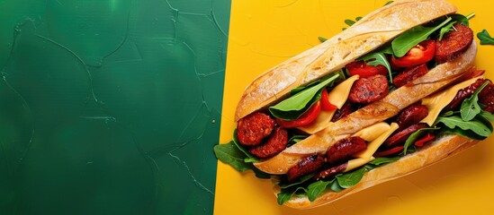 Wall Mural - A sandwich made with chorizo cheese and vegetables is displayed on a background of yellow and green with ample copy space image