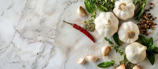 Poster - Cooking essentials like fresh garlic herbs and spices arranged beautifully on a marble table perfect for a copy space image