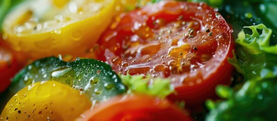 Sticker - Close up view of a tomato in a vibrant salad with a copyspace image