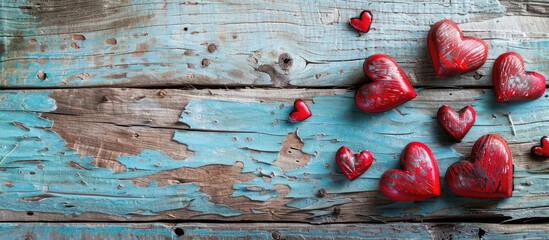 Sticker - Valentine s Day card concept with heart shapes on a rustic wooden background ideal for adding text or images in the copy space image