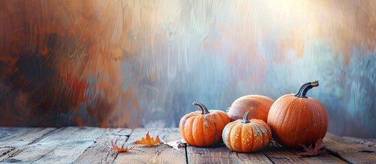 Canvas Print - Thanksgiving ambiance with pumpkins on rustic wooden table offers ideal copy space image