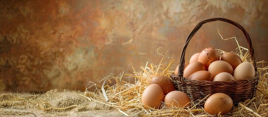 Canvas Print - Wooden Trug holding a basket of eggs on straw with copy space image