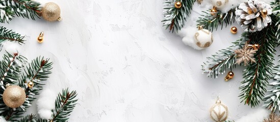 Wall Mural - Top view of a Christmas card design featuring a snow covered fir tree and decorations on a white background with ample copy space for personalized text