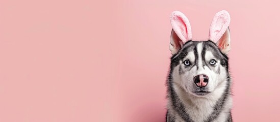 Sticker - Husky dog wearing bunny ears on pink backdrop suitable for Easter celebrations with copy space image