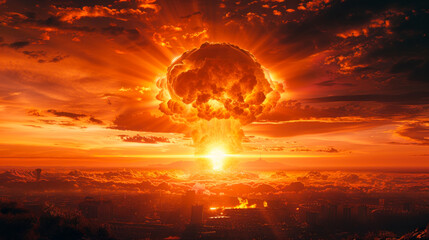 Wall Mural - Thermonuclear, hydrogen bomb explosion over a city, doomsday, end of world