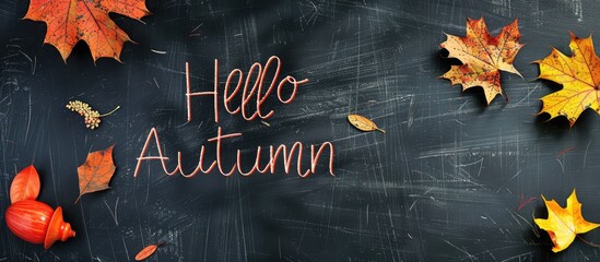 Canvas Print - Decorative autumn chalkboard with Hello Autumn chalked on it with a fitting autumn theme featuring copy space image