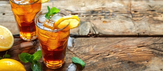 Poster - Iced tea with lemon and ice served in tall glasses on a rustic wooden table featuring a copy space image