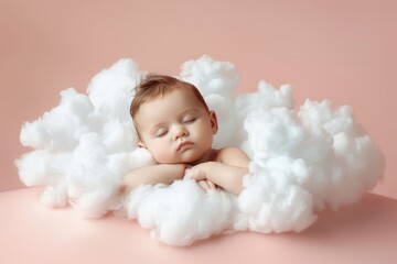 Cute Sleeping Baby Sleeping On A White And Soft Cloud, Studio Photo, A Light Pink Background, Baby Floating On A Cloud