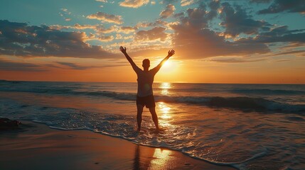 Sun greeting at sunset by the sea