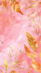 Wall Mural - Luxurious golden wallpaper. Pink background. Gold leaves wall art with shiny golden light texture. Modern art mural wallpaper with watercolor stains. Vector illustration