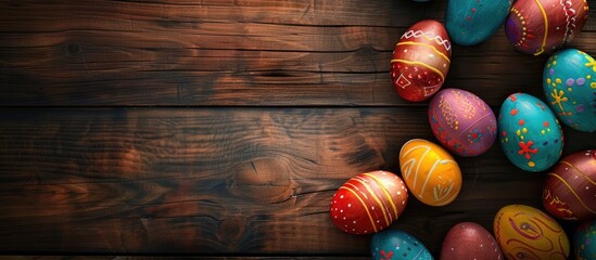 Sticker - Colorful Easter eggs featured on a greeting card are displayed from above on a wooden surface providing ample room for your personal messages in the copy space image