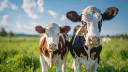 Wall Mural - Two cows standing in a lush green field under a clear blue sky, looking directly at the camera.