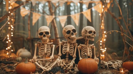 Wall Mural - Three skeletons are sitting on the ground in front of a tent