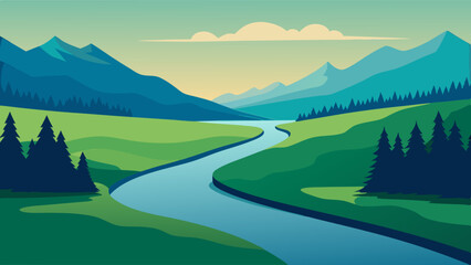 Canvas Print - River landscape illustration with a view of green fields, mountains and trees