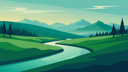 Canvas Print - River landscape illustration with a view of green fields, mountains and trees