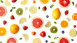 © TANATPON - Flat view mixing different of fruits oranges, kiwi, lime, strawberries, lemon isolated on background, Summer tropical Exotic fruits.