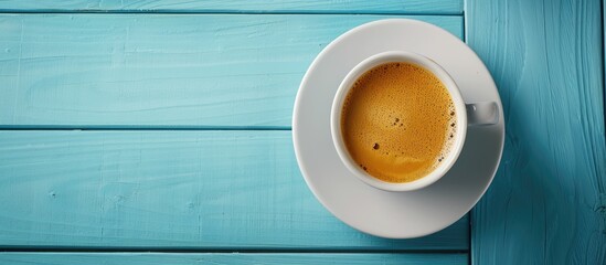 Poster - Close up shot of a cup of aromatic coffee on a light blue wooden table providing ample copy space for text