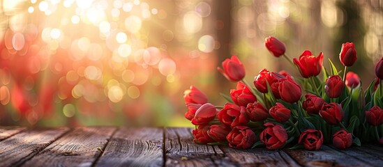 Canvas Print - Blurred wood backdrop with tulips creating a picturesque copy space image