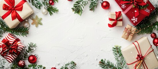 Wall Mural - Festive Christmas background with gift boxes on a white board provides ample copy space image