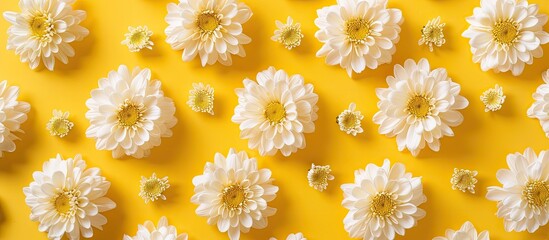 Canvas Print - High quality photo of a flat lay chrysanthemum pattern creating a floral composition with a frame in a top view shot ideal for use as a copy space image