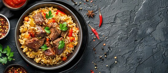 Wall Mural - A tempting pilaf with meat displayed on a textured grey surface with room for text in the image. Copy space image. Place for adding text and design