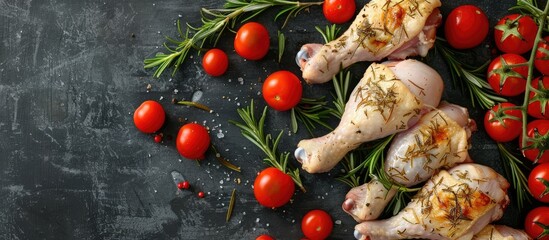 Wall Mural - Close up of raw chicken drumsticks marinating with rosemary and tomatoes on a table with copy space image available