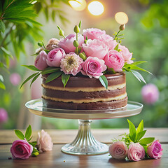 Canvas Print - chocolate birthday cake with flowers