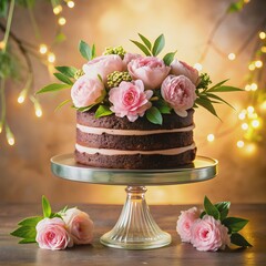 Canvas Print - chocolate birthday cake with flowers