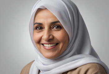 Portrait view of a regular happy smiling Saudi Arabia old woman, ultra realistic, candid, social media, avatar image, plain solid background