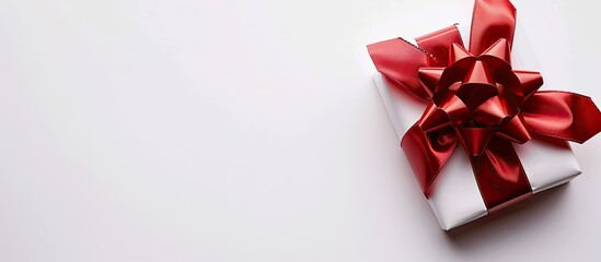 Poster - A present adorned with a red bow on a white backdrop with copy space image