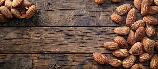 Wall Mural - Wooden background with almonds in shell and shelled almonds creates a copy space image