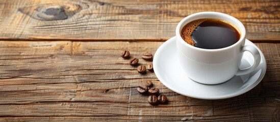 Poster - White cup with coffee on wooden table copy space image