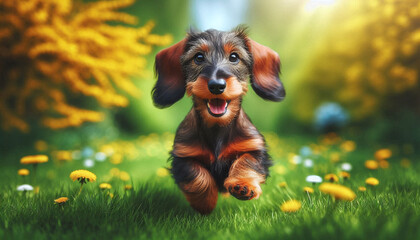 Poster - A dog wire-haired dachshund puppy with a happy face runs through the colorful lush spring green grass 