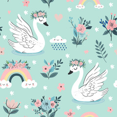 Naklejka na meble Seamless pattern with cartoon cute baby swan, gentle flowers, rainbow and clouds. Adorable texture with cute birds. Vector texture