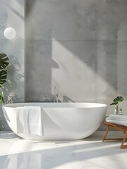 Hotel bathroom interior with bathtub and minimalist accessories 