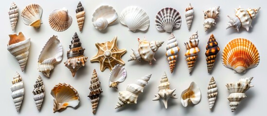 Poster - An assortment of seashells arranged on a blank white backdrop perfect for a copy space image