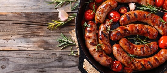 Canvas Print - Brazilian barbecue featuring grilled sausages with a homemade touch cooked in a cast iron skillet or frying pan along with tomatoes garlic and rosemary with a copy space image available