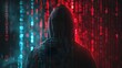 © Pascal - Hacker with a hoodie and a hidden face, set against an abstract data background. Threat of cybercriminals who breach digital security and the urgency of robust cybersecurity measures