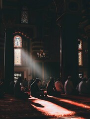 Group of people praying together in a dimly lit mosque, highlighting communal worship and spiritual devotion. The serene atmosphere emphasizes unity and faith.