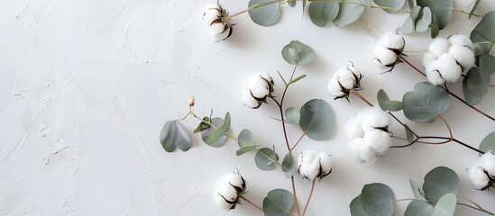 Poster - Top view of a delicate white cotton flowers arrangement with fresh eucalyptus on a light gray background creating a floral design perfect for a greeting card with copy space image